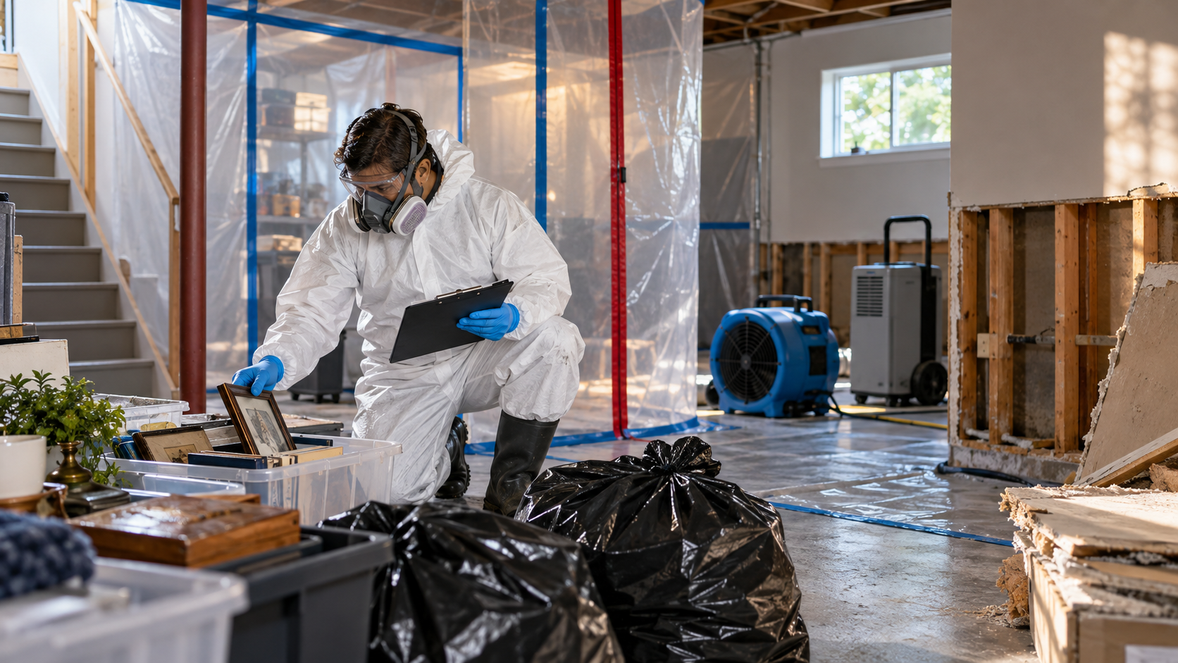Restoration technician in protective equipment documents household contents during a contained sewage cleanup in a basement.